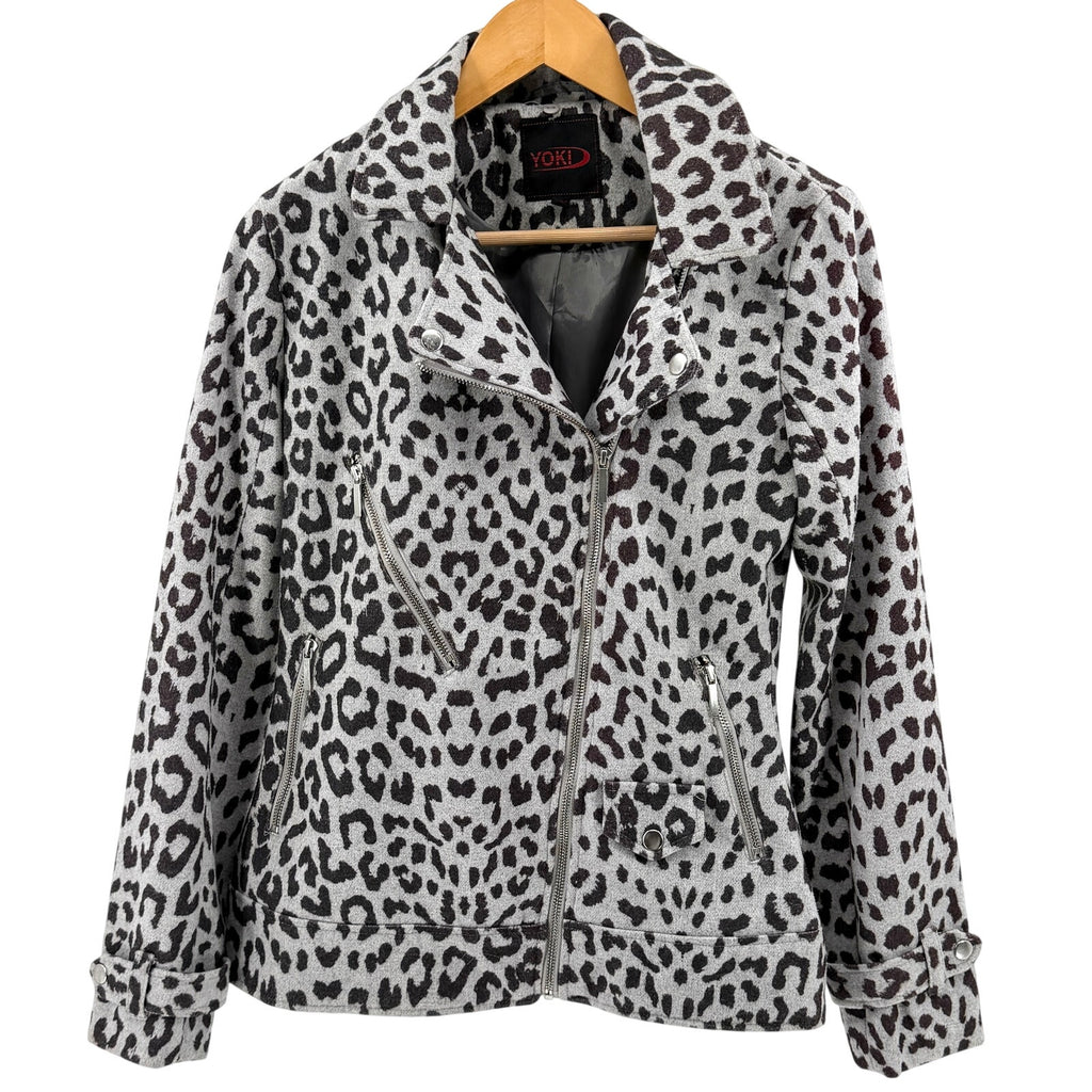 Yoki Gray Leopard Print Flannel Moto Jacket