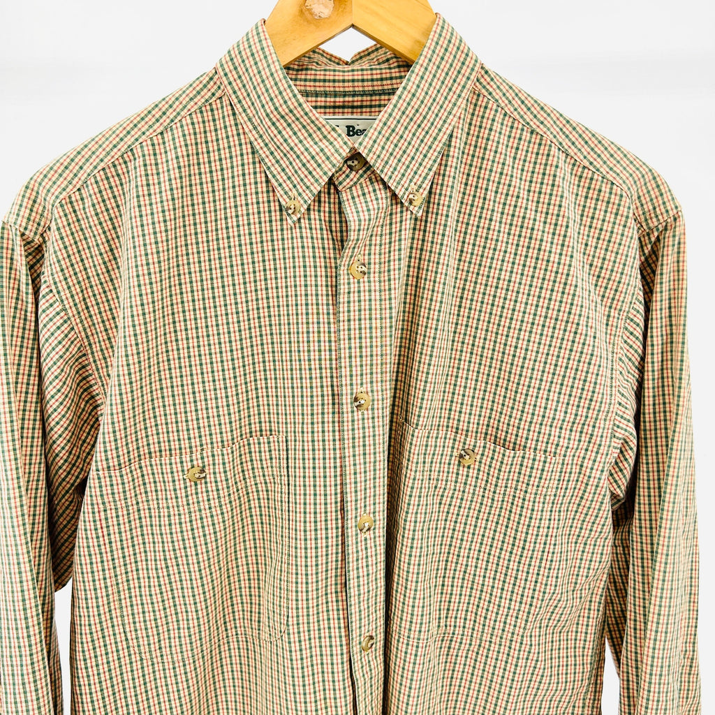 Vintage 90s L.L.Bean Tan Green Red 100% Cotton Check Button-Down Shirt