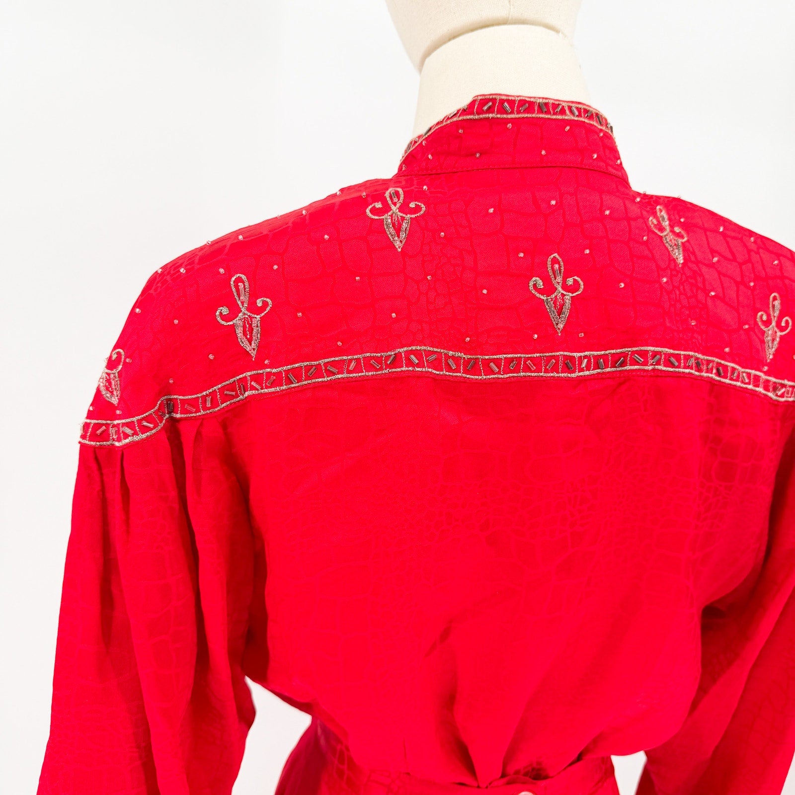 Vintage 80s Anne French Red 100% Silk Beaded Jacquard Skirt Set