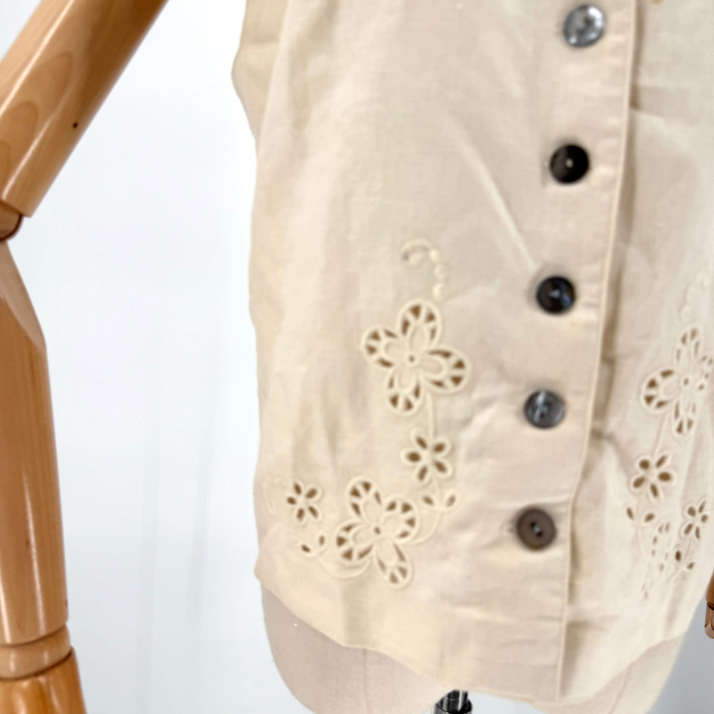 Vintage 90s Bushwacker Cream Linen Cotton Minimalist Eyelet Lace Back Vest