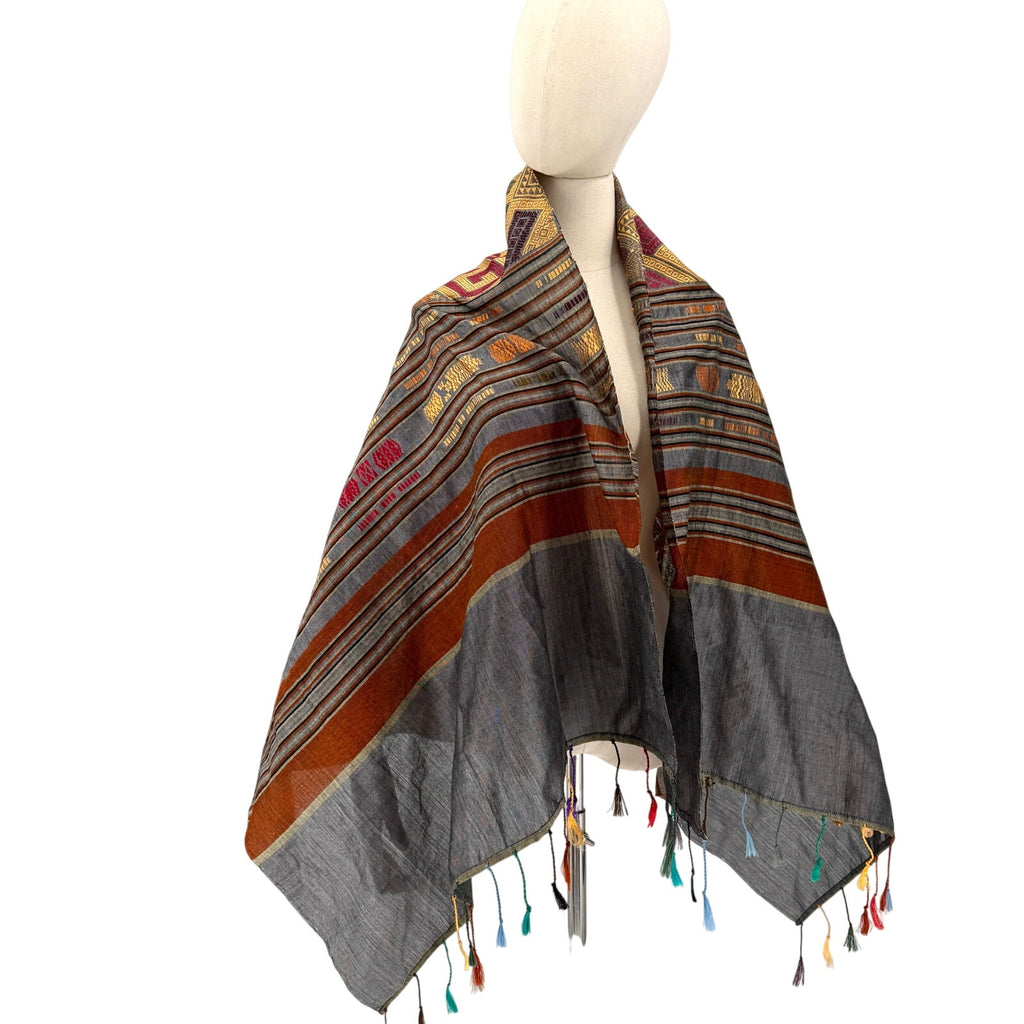 Gray Copper Geometric Tribal Woven Silk Blend Tassel Shawl Wrap