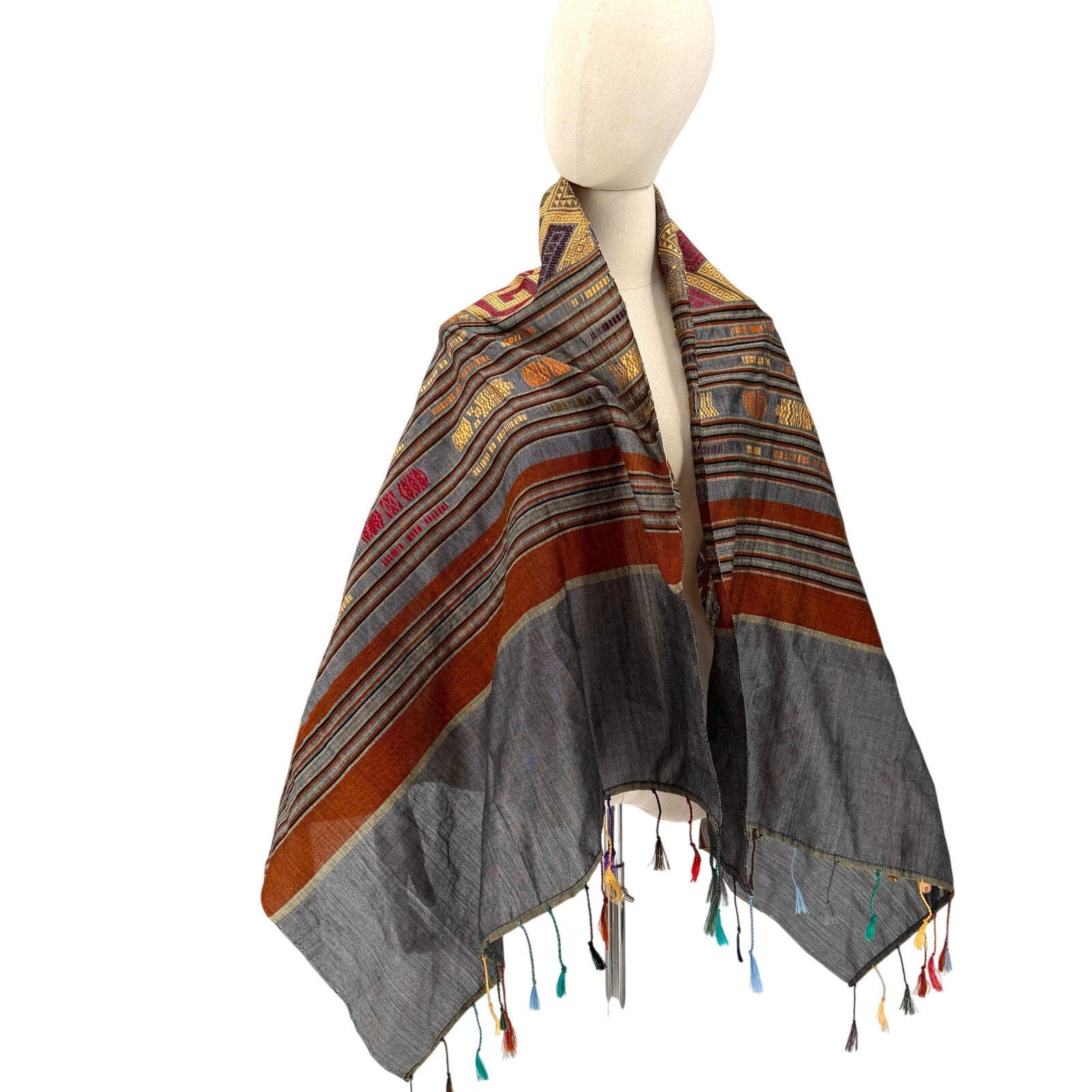 Gray Copper Geometric Tribal Woven Silk Blend Tassel Shawl Wrap