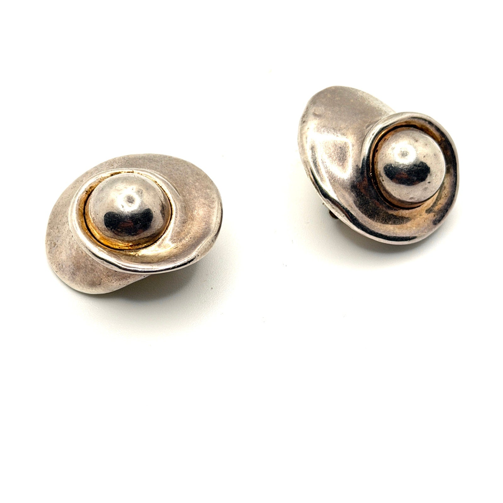 Vintage 90s Stamped Sterling Silver Israel Modernist Hollow Clip On Earrings