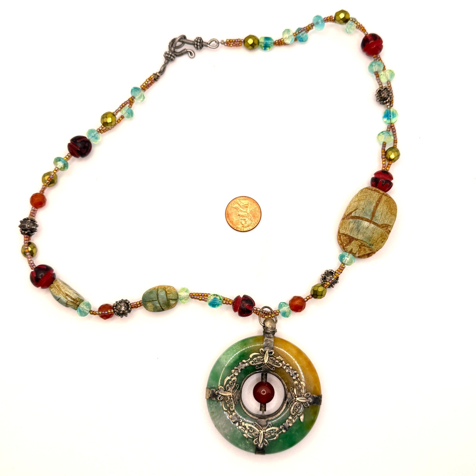 Vintage 90s Bi-color Jade Butterfly Filigree Scarab Statement Necklace