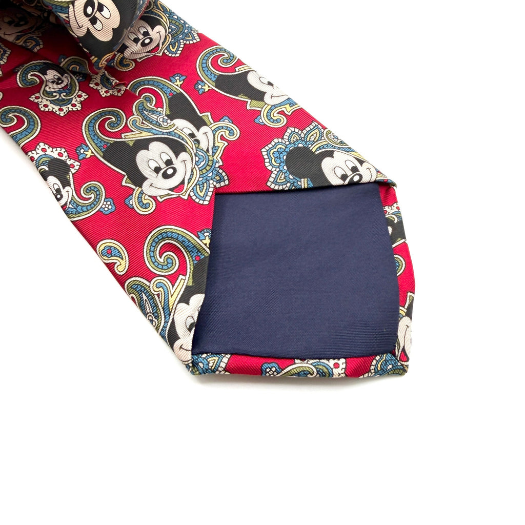 Vintage 90s Disney Red 100% Silk Paisley Mickey Mouse Made in France Necktie
