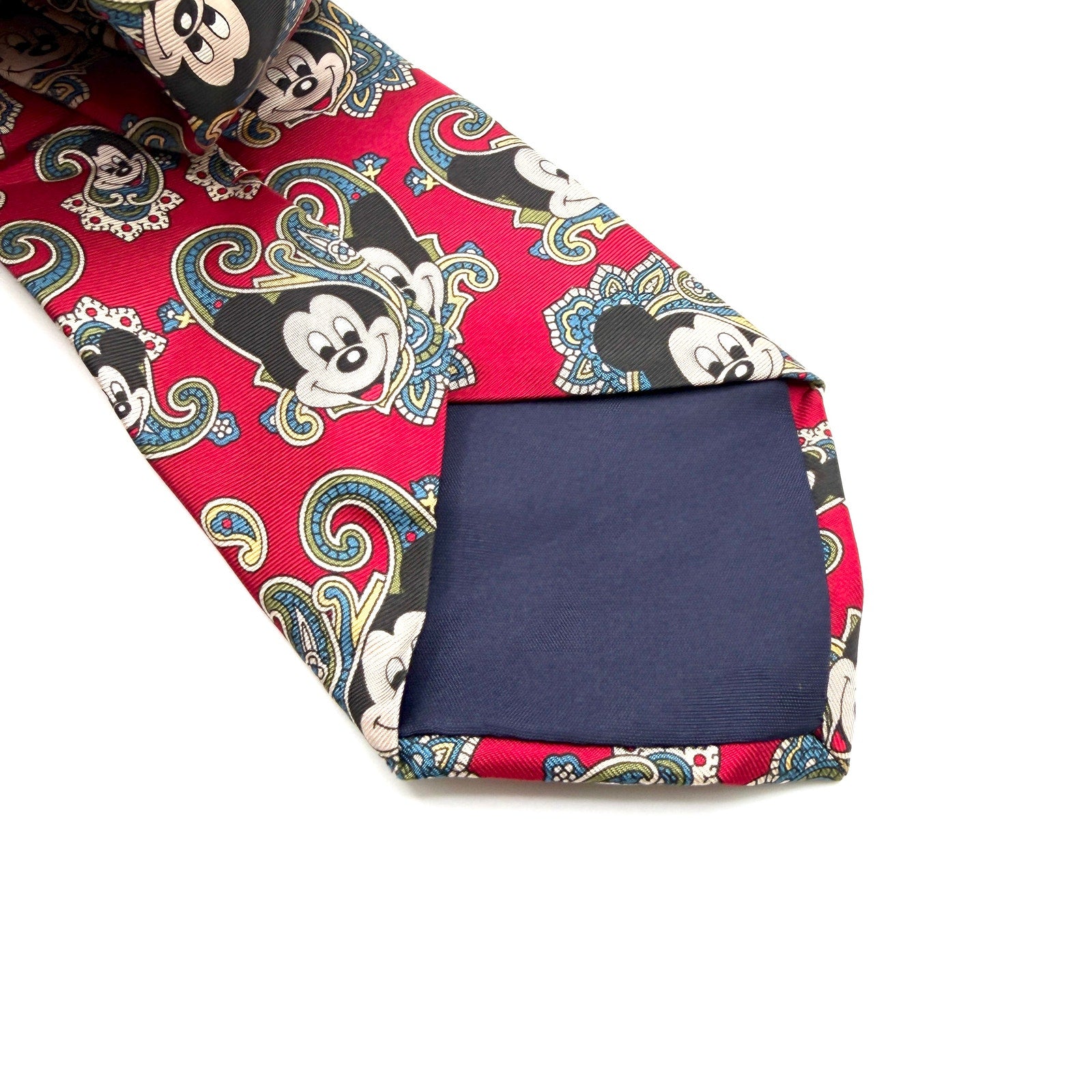 Vintage 90s Disney Red 100% Silk Paisley Mickey Mouse Made in France Necktie