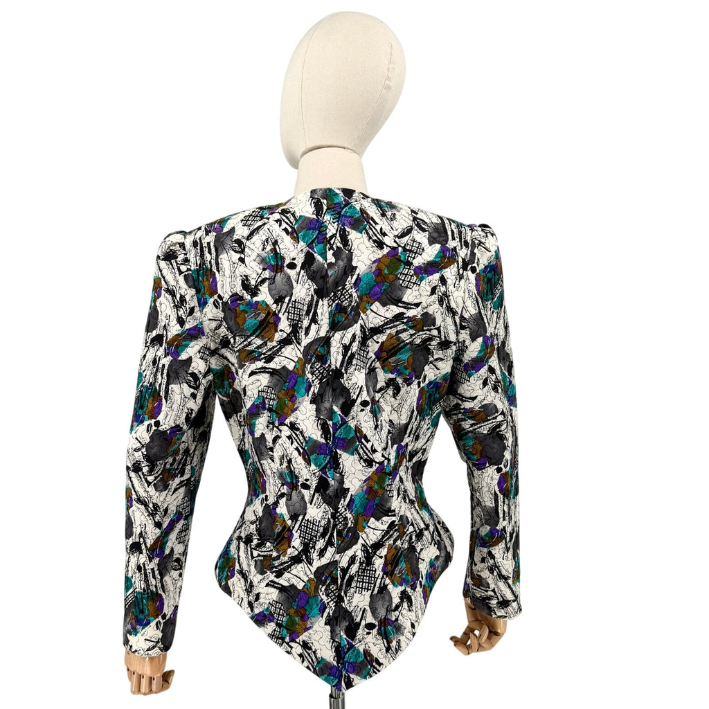 Vintage 80s Liz Elana White Black Abstract 100% Silk Quilted Peplum Jacket