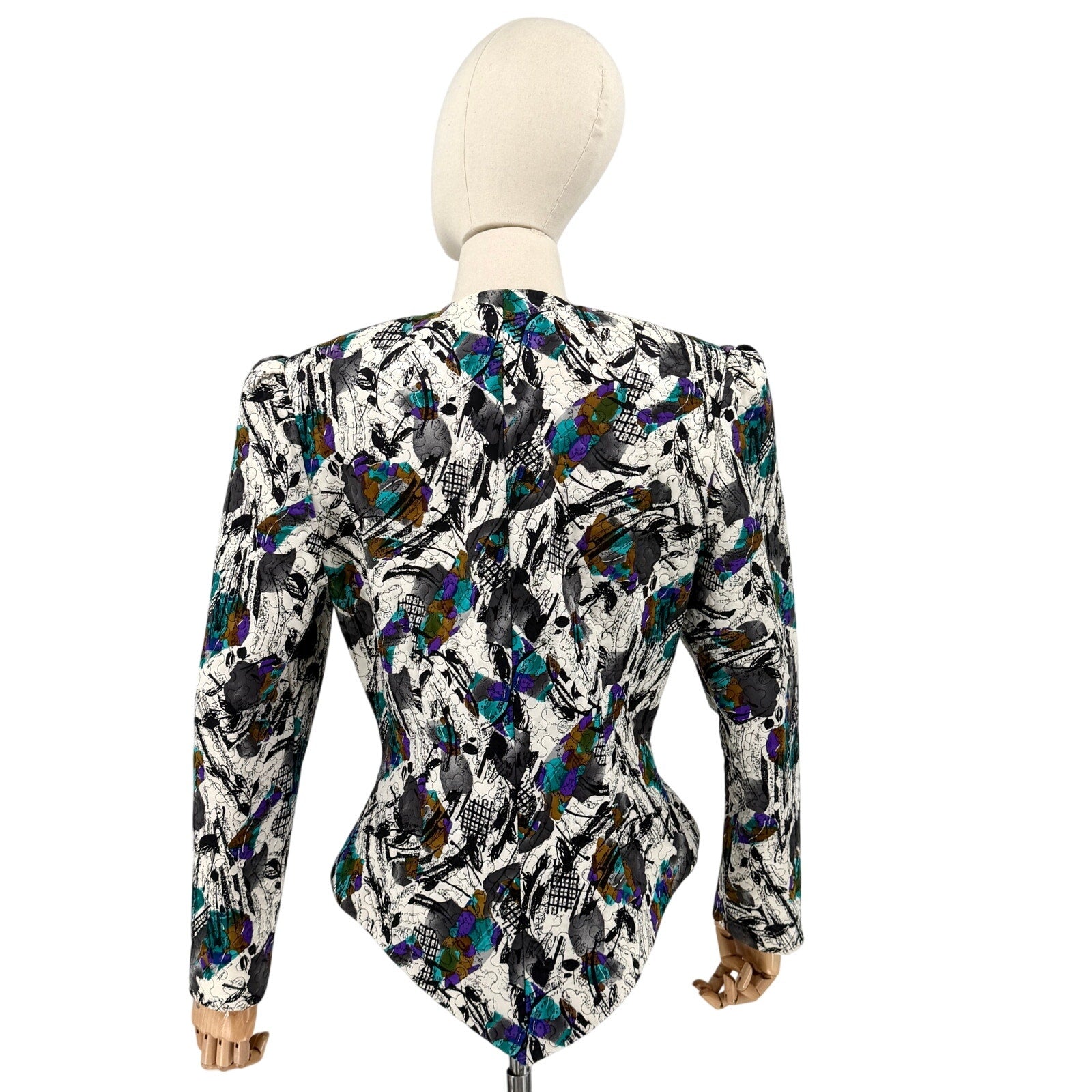 Vintage 80s Liz Elana White Black Abstract 100% Silk Quilted Peplum Jacket