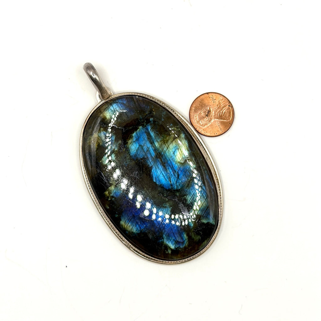 Vintage 90s Stamped Sterling Silver Huge Labradorite Statement Pendant