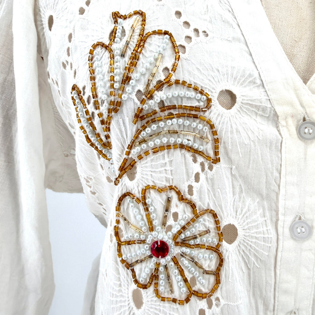 Vintage Y2K Swarna White 100% Cotton Bohemian Eyelet Beaded Button Up Dress