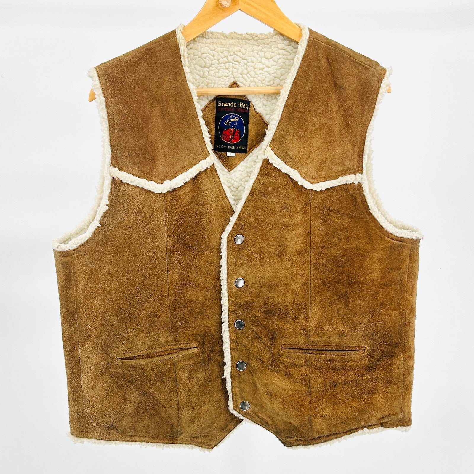 Vintage 70s Grande Bay Brown Shearling Suede Western Vest
