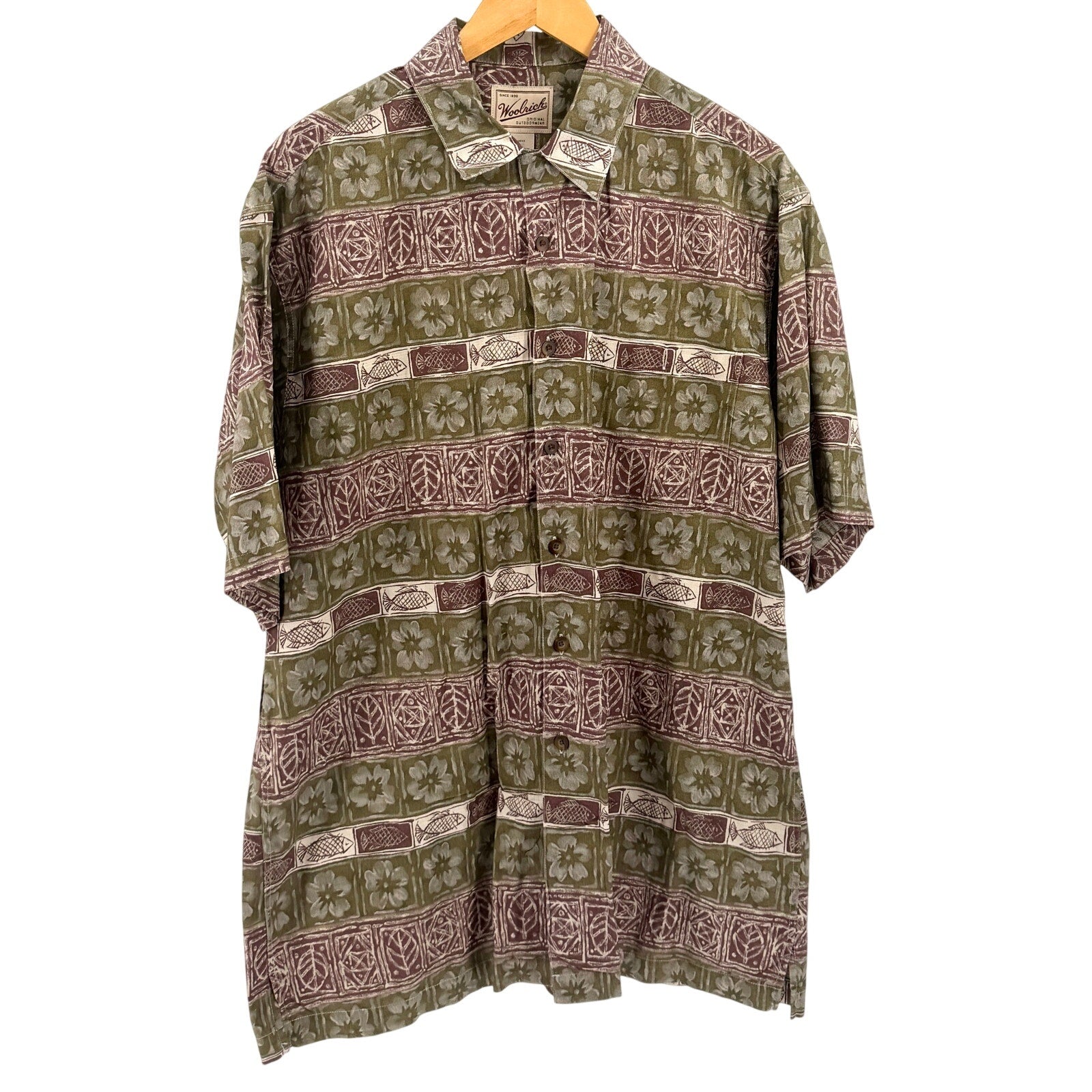 Vintage 90s Woolrich Olive Green Maroon Floral Fish Cotton Tropical Shirt