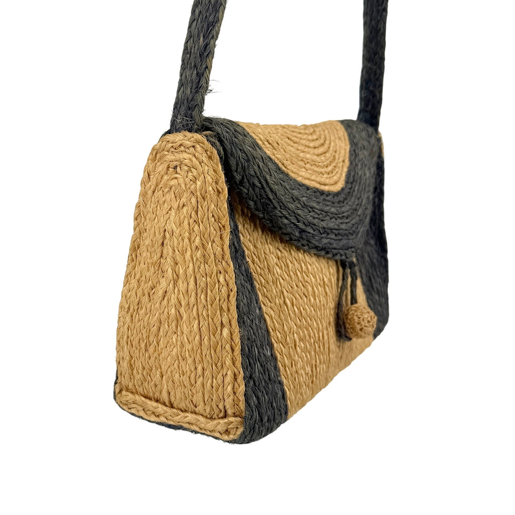 Vintage 80s Tan Blue Woven Straw Stripe Flap Shoulder Bag Purse
