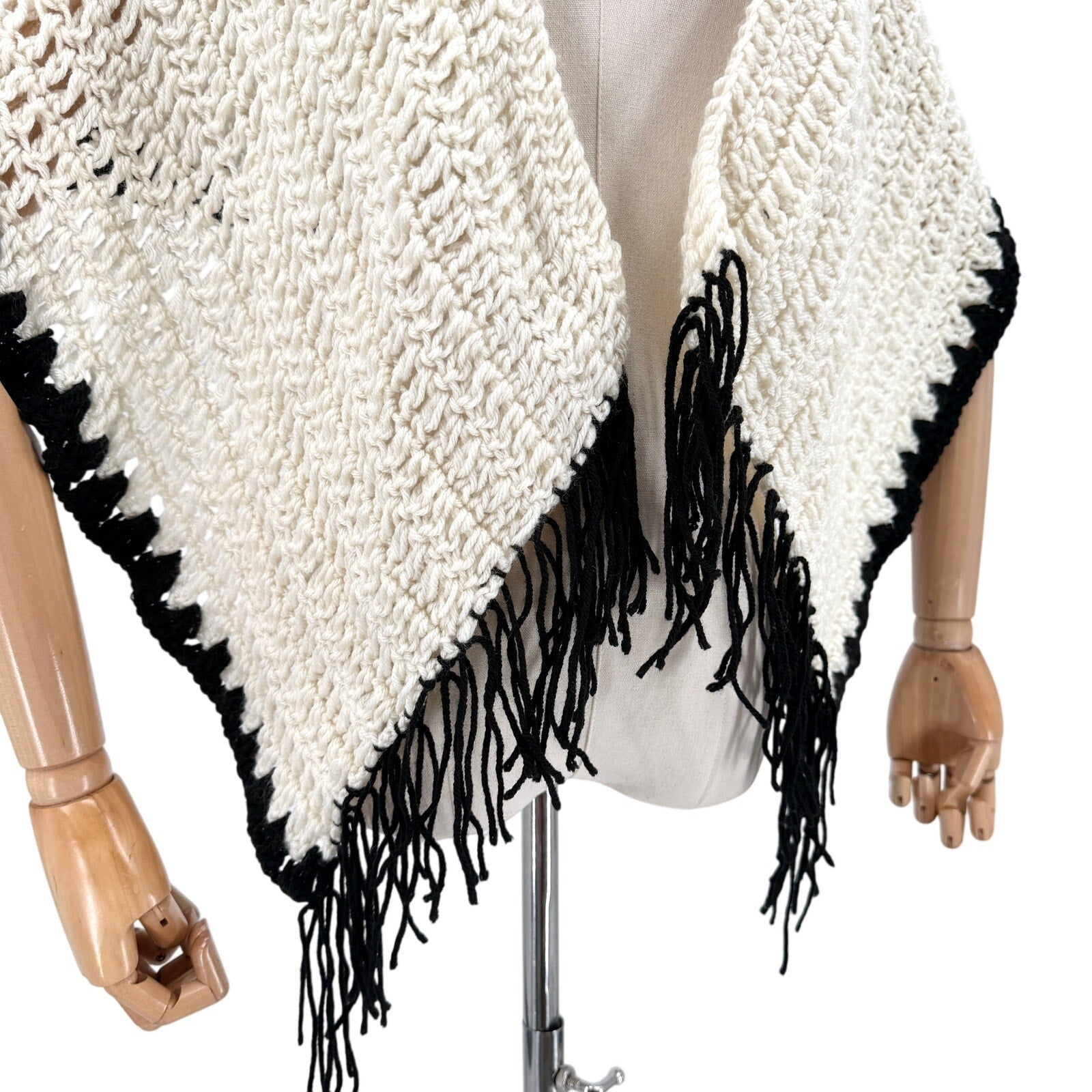 Vintage 80s Cream Black Handmade Crochet Knit Scalloped Trim Fringe Shawl