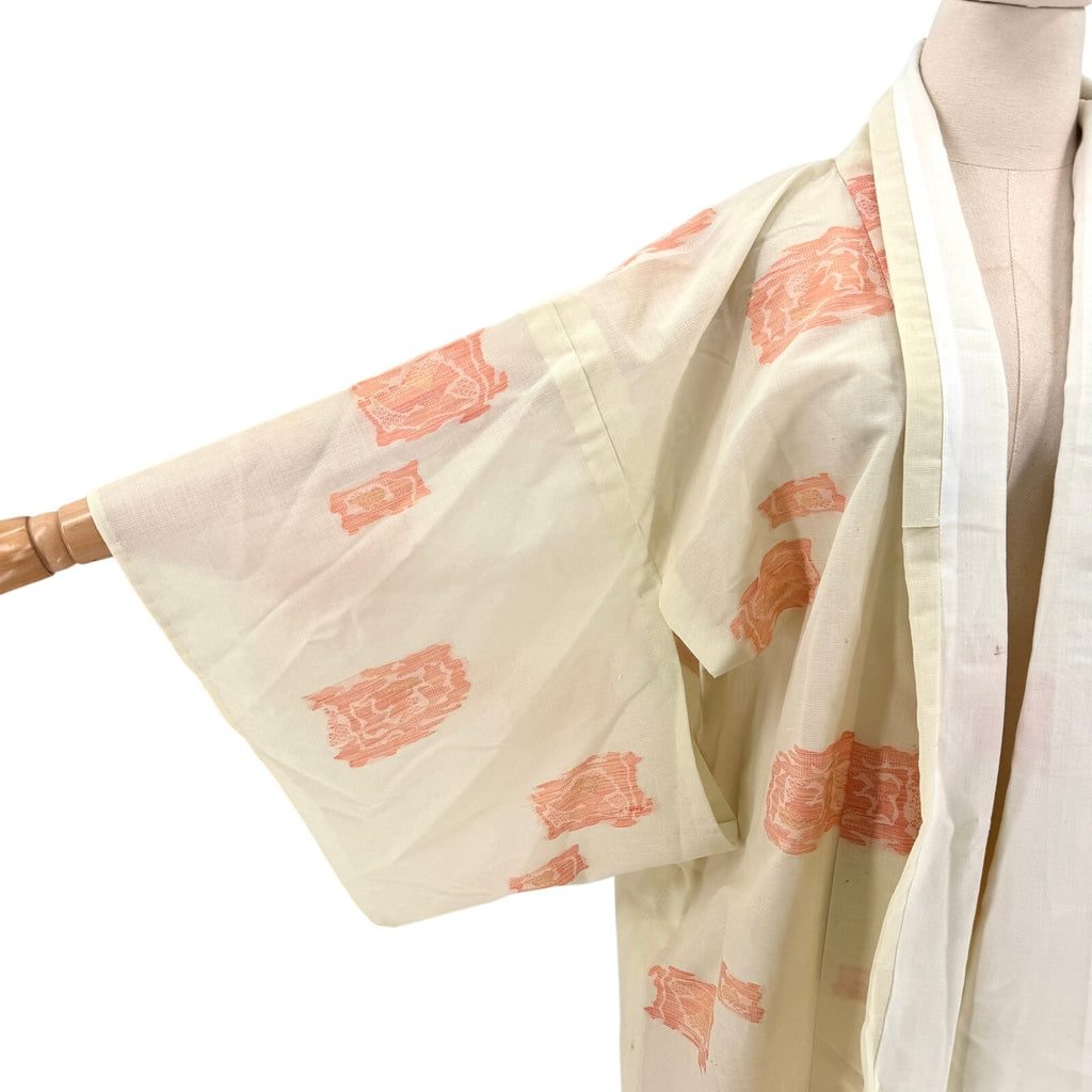 Vintage 70s Showa Cream Peach Patterned Open Weave Sha Gauze Silk Kimono Robe