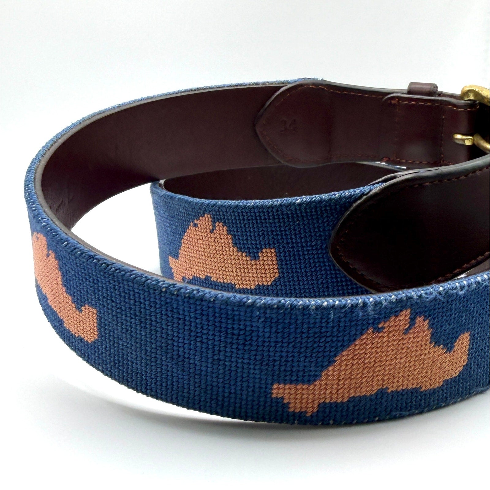 Harding Lane Blue Genuine Leather Preppy Marthas Vineyard Needlepoint Belt