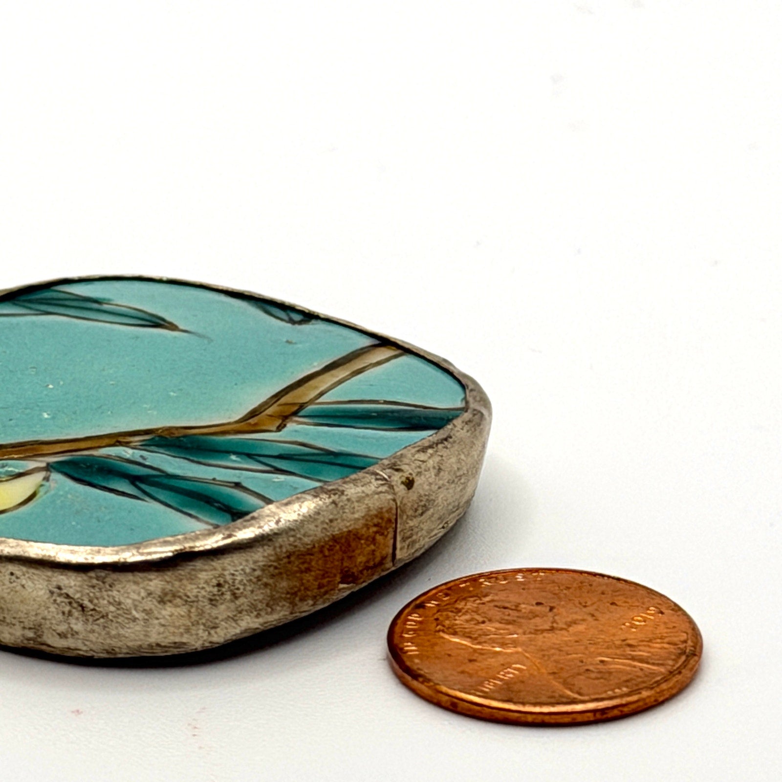 Vintage 90s Turquoise Hand Painted Porcelain Shard Bamboo Statement Pendant