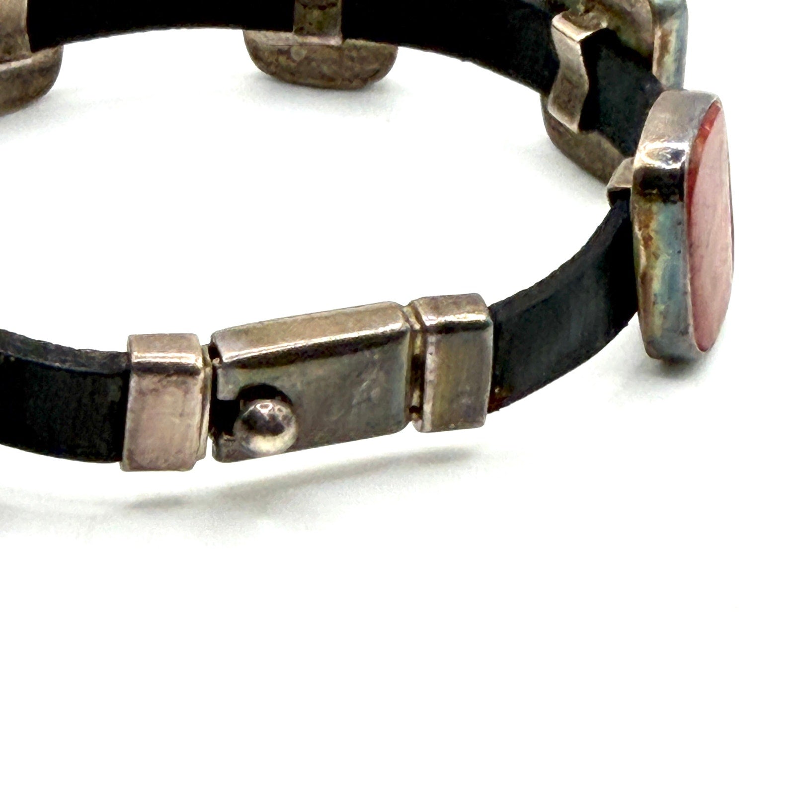 Vintage 90s Mexico Sterling Silver Red Coral Leather Panel Bracelet