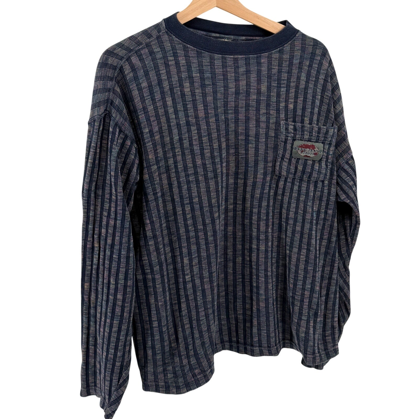 Vintage 90s Pepe Jeans London Blue 100% Cotton Rainbow Striped Pocket Shirt