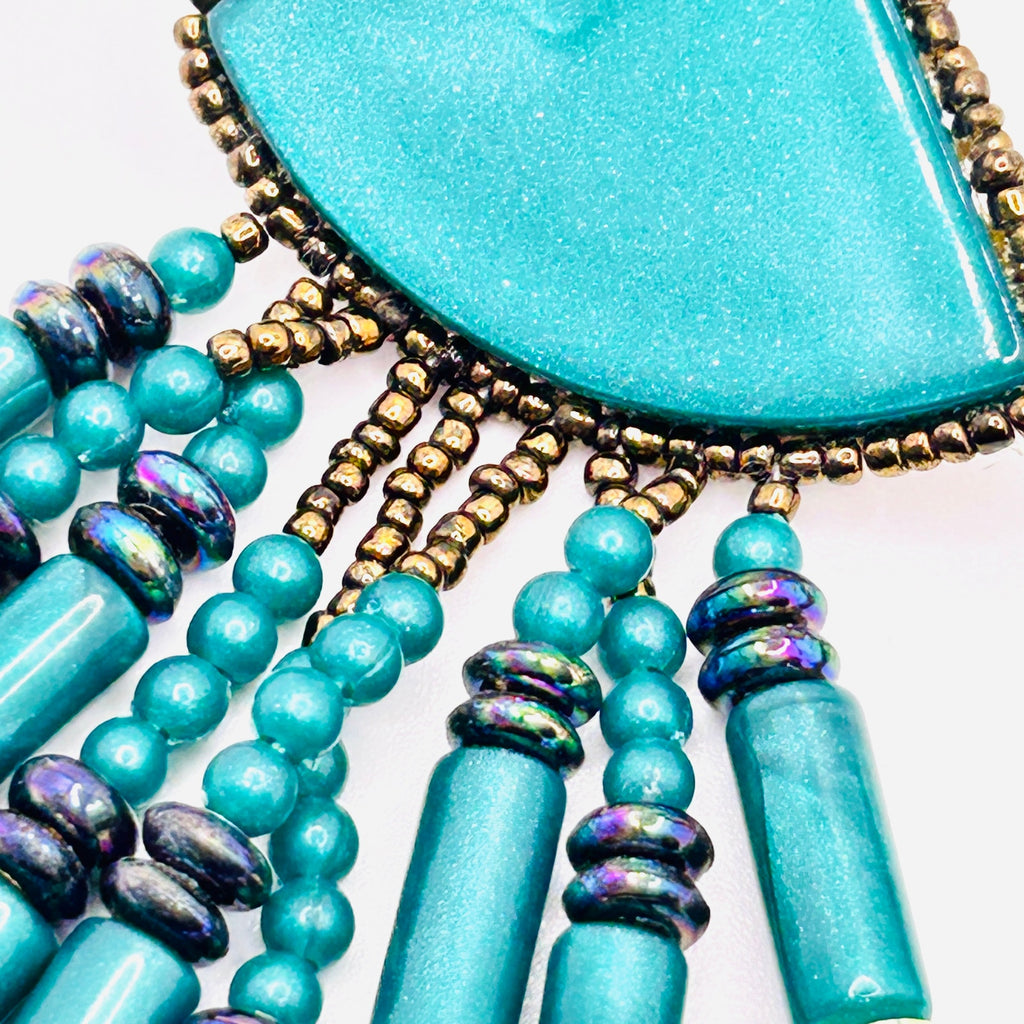 Vintage 80s Handmade Teal Turquoise Beaded Fringe Statement Earrings