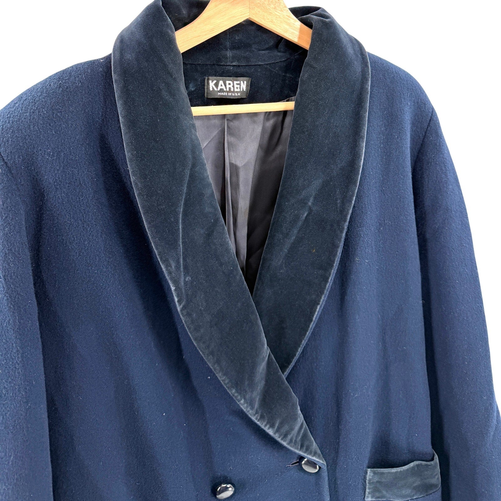 Vintage 80s Karen Navy Blue 100% Wool Velvet Double Breasted Overcoat Jacket