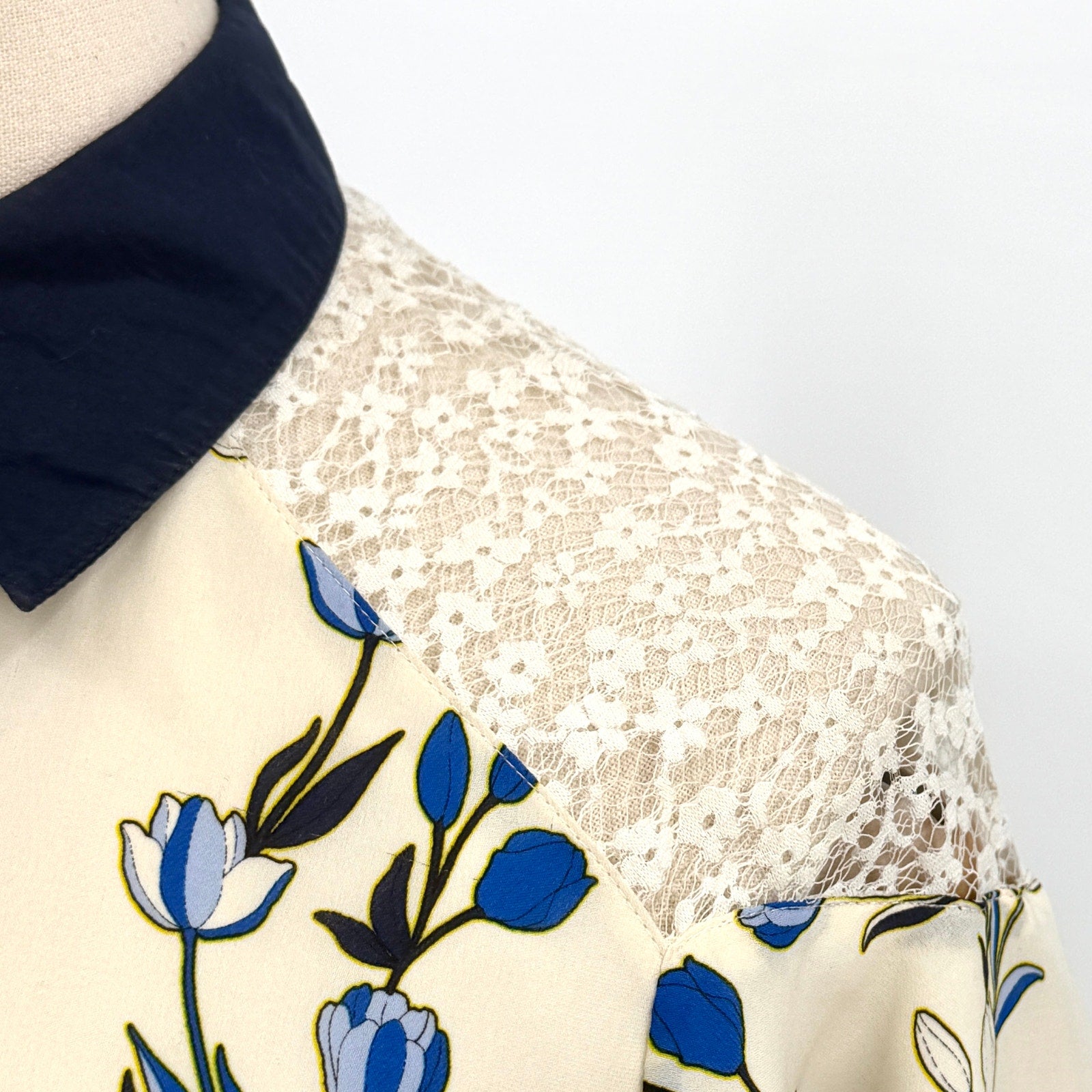 Draper James Navy Blue Cream Floral 100% Silk Lace Sleeve Shirt Dress