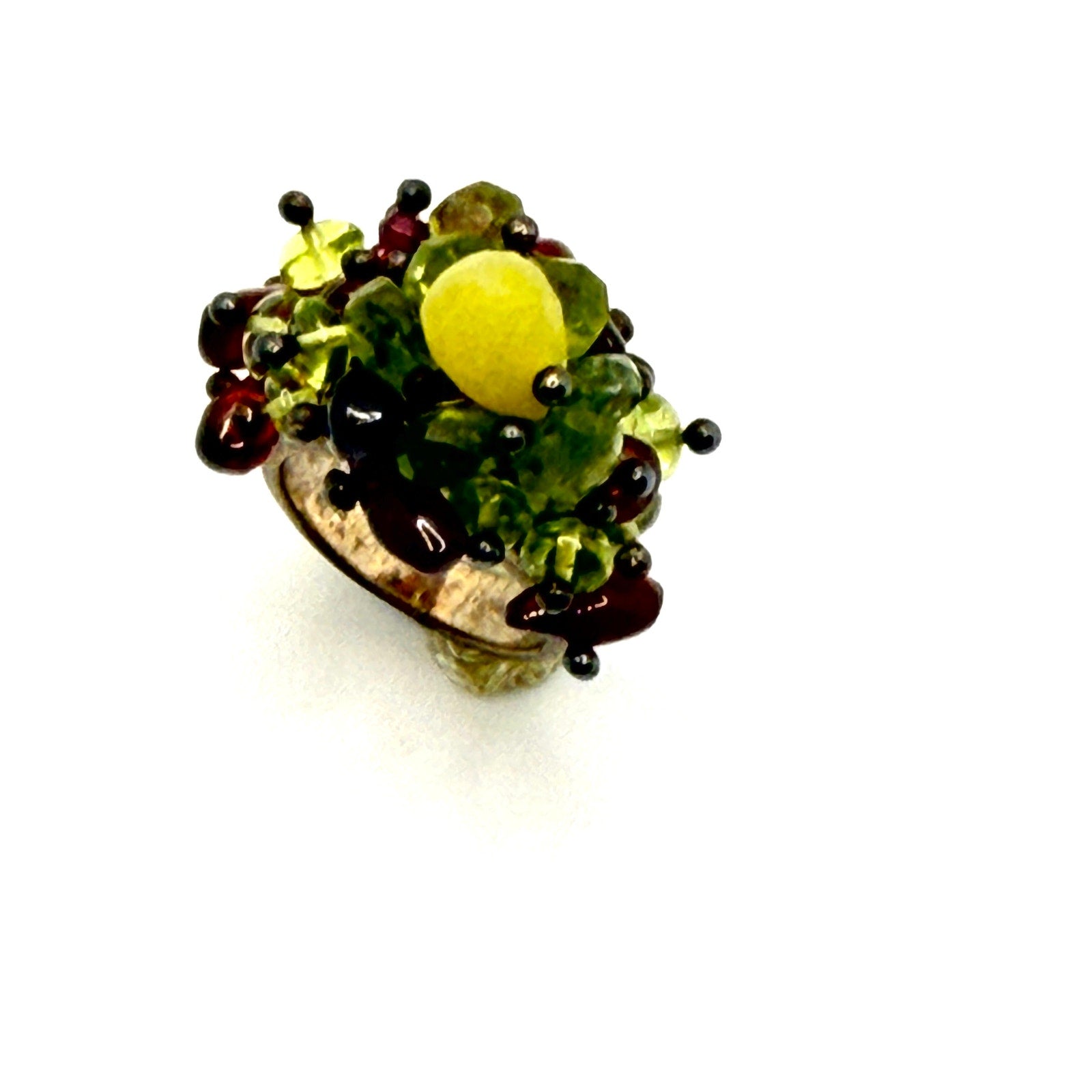 Vintage Y2K Sterling Silver Stamped Multi Gemstone Peridot Garnet Cluster Ring