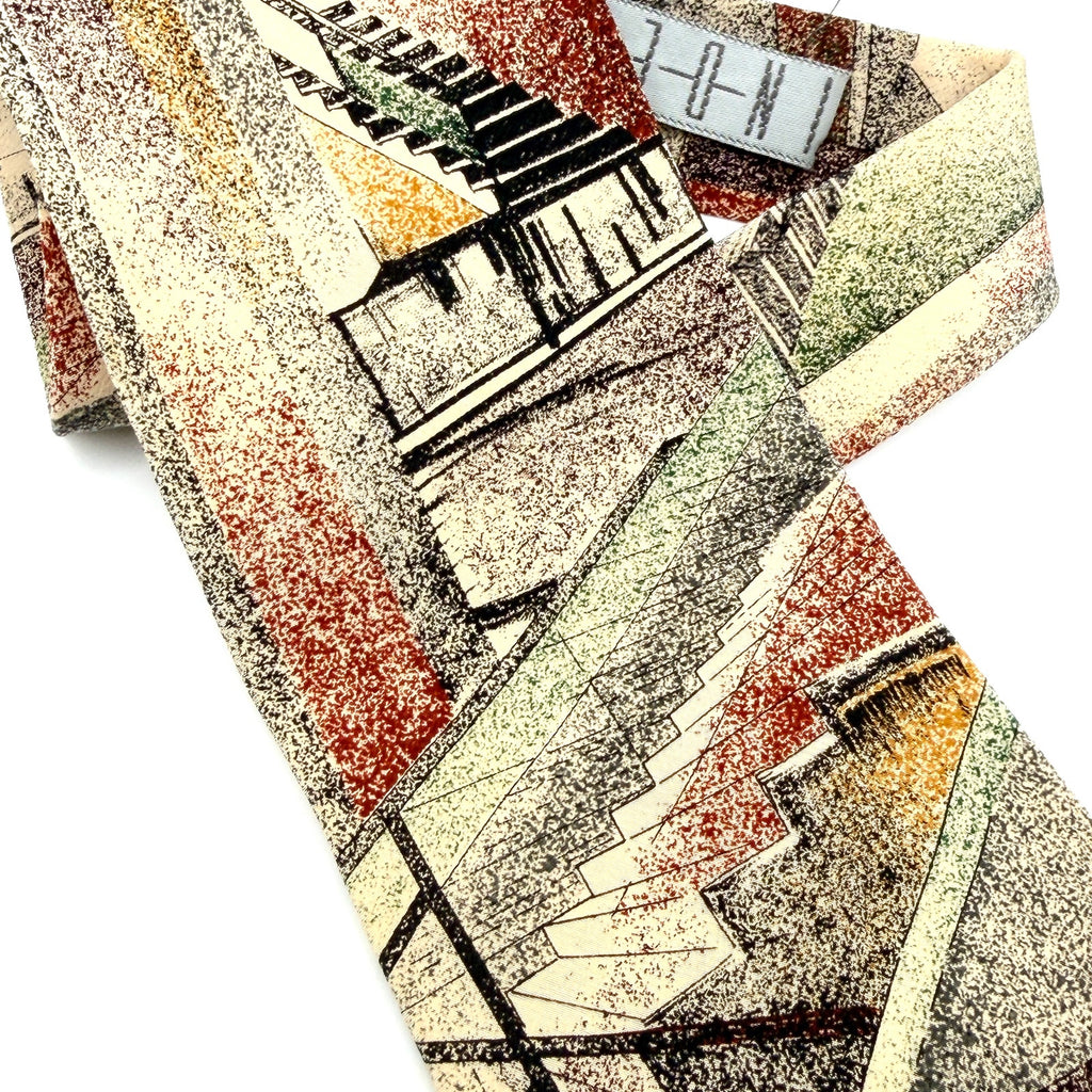 Vintage 90s Index Tan 100% Silk Bauhaus Architectural Staircase Necktie