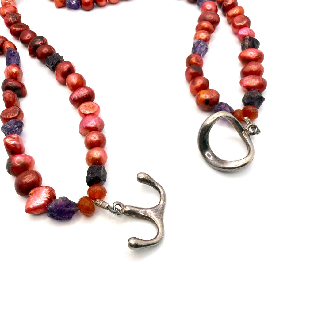 Vintage 90s Red Copper Freshwater Pearl Amethyst Boho Statement Necklace
