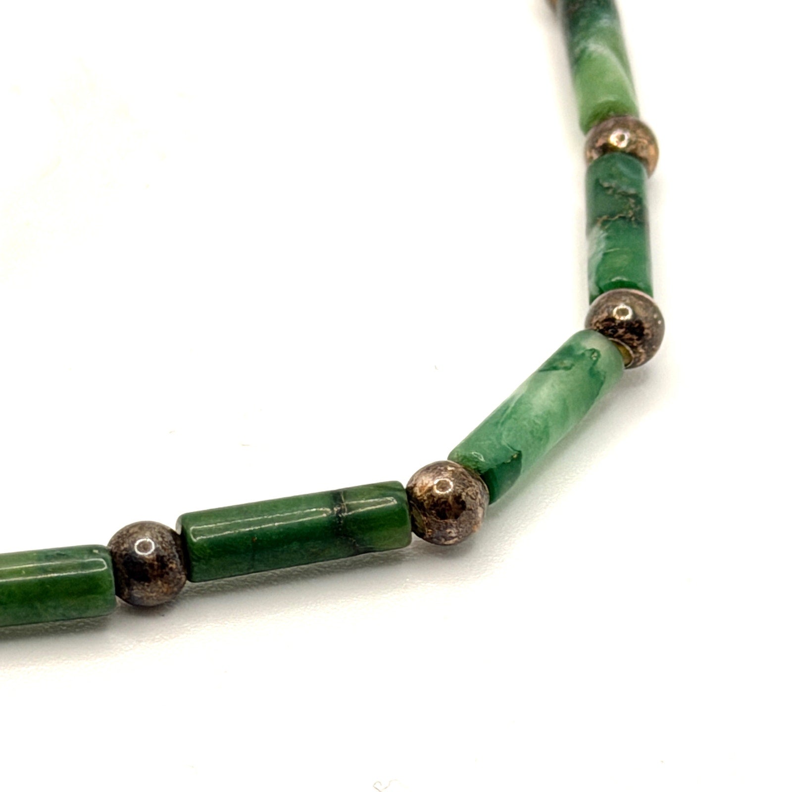 Vintage 90s Green Nephrite Jade Sterling Silver Tube Bead Toggle Necklace