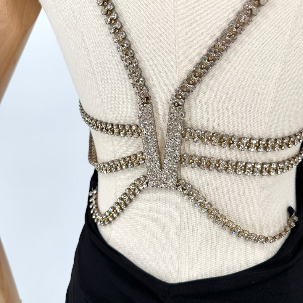 Vintage Y2K Sexy Cache Black Ruched Rhinestone Chain-Back Cocktail Dress