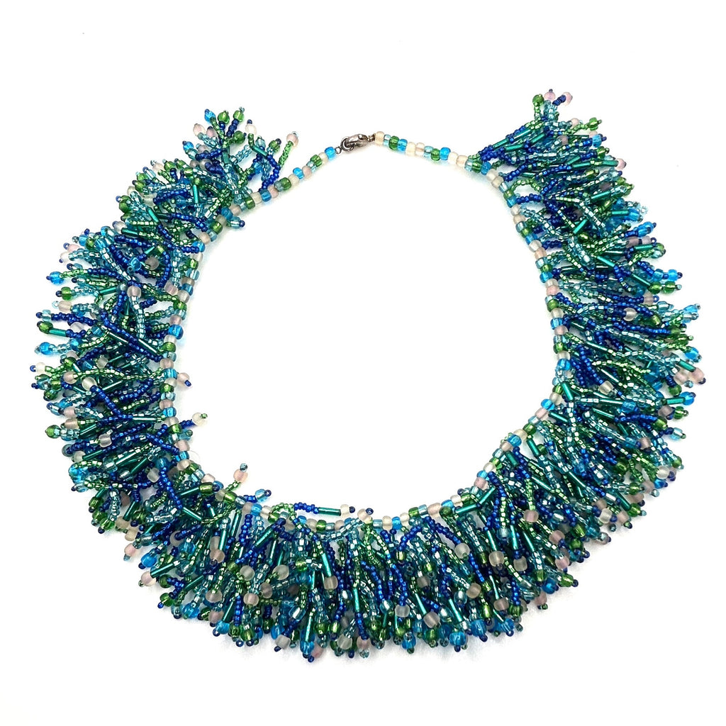 Vintage 1980s Handmade Blue Green Glass Seed Bead Fringe Choker Necklace