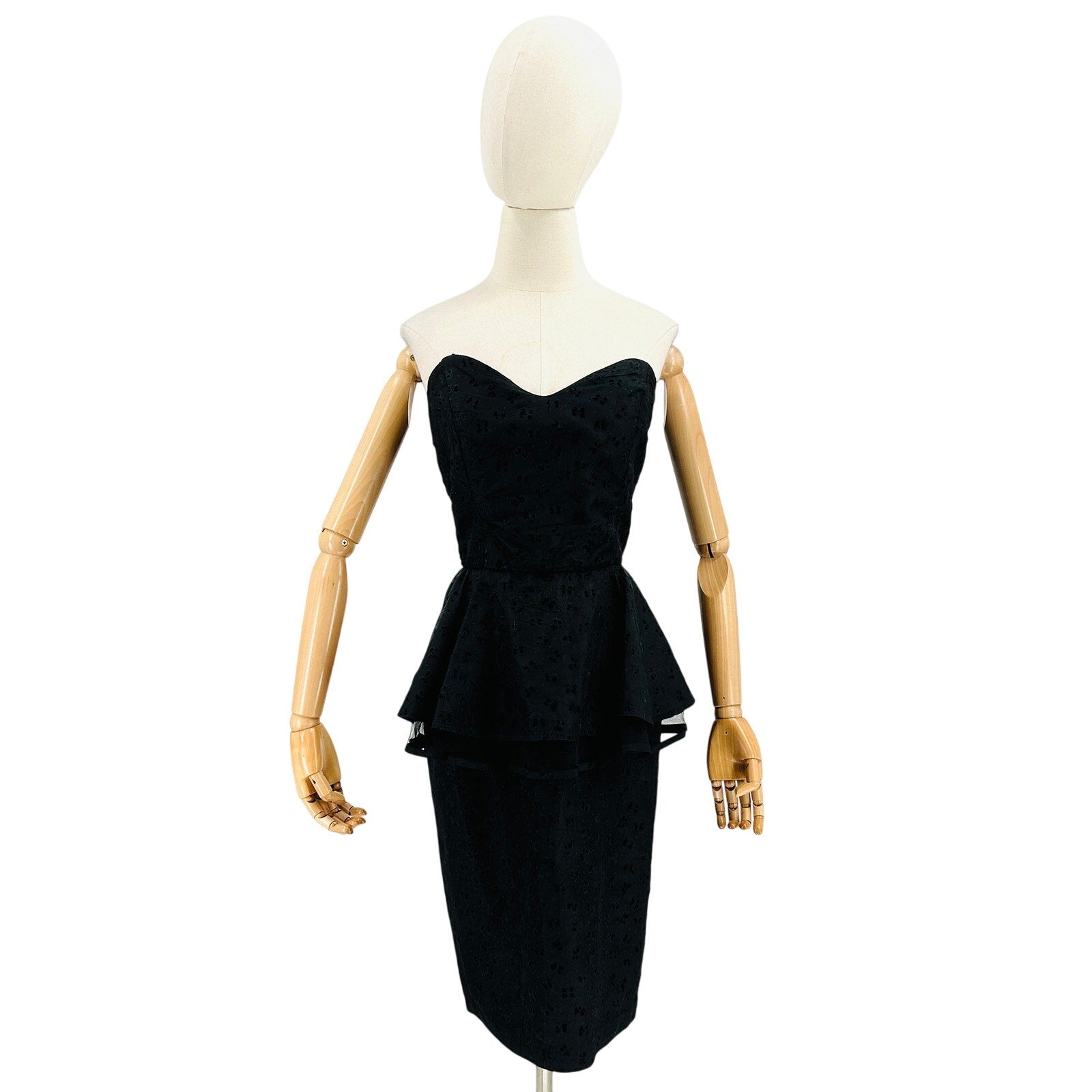 Vintage 60s Black Velvet Flocked Taffeta Strapless Peplum Dress