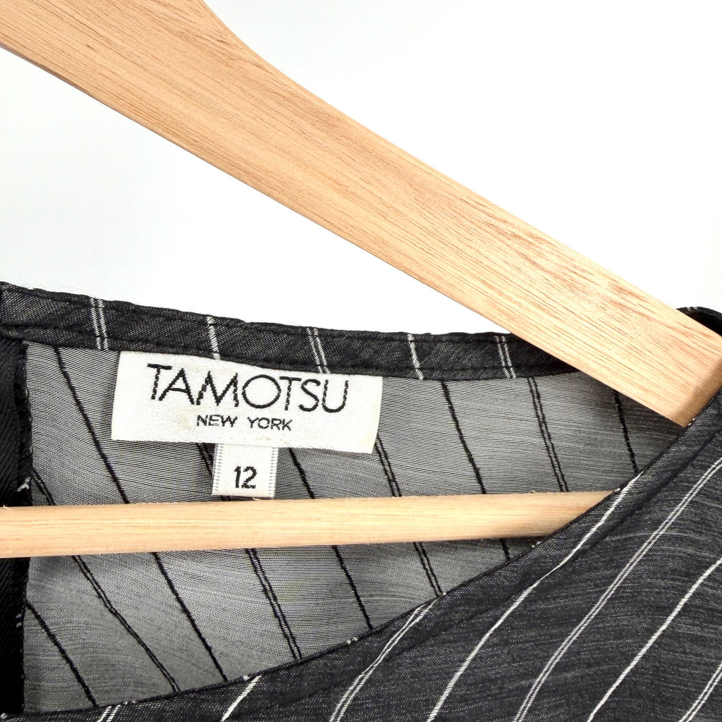 Vintage 90s Tamotsu Charcoal Grey Pinstripe Sleeveless Shell Blouse