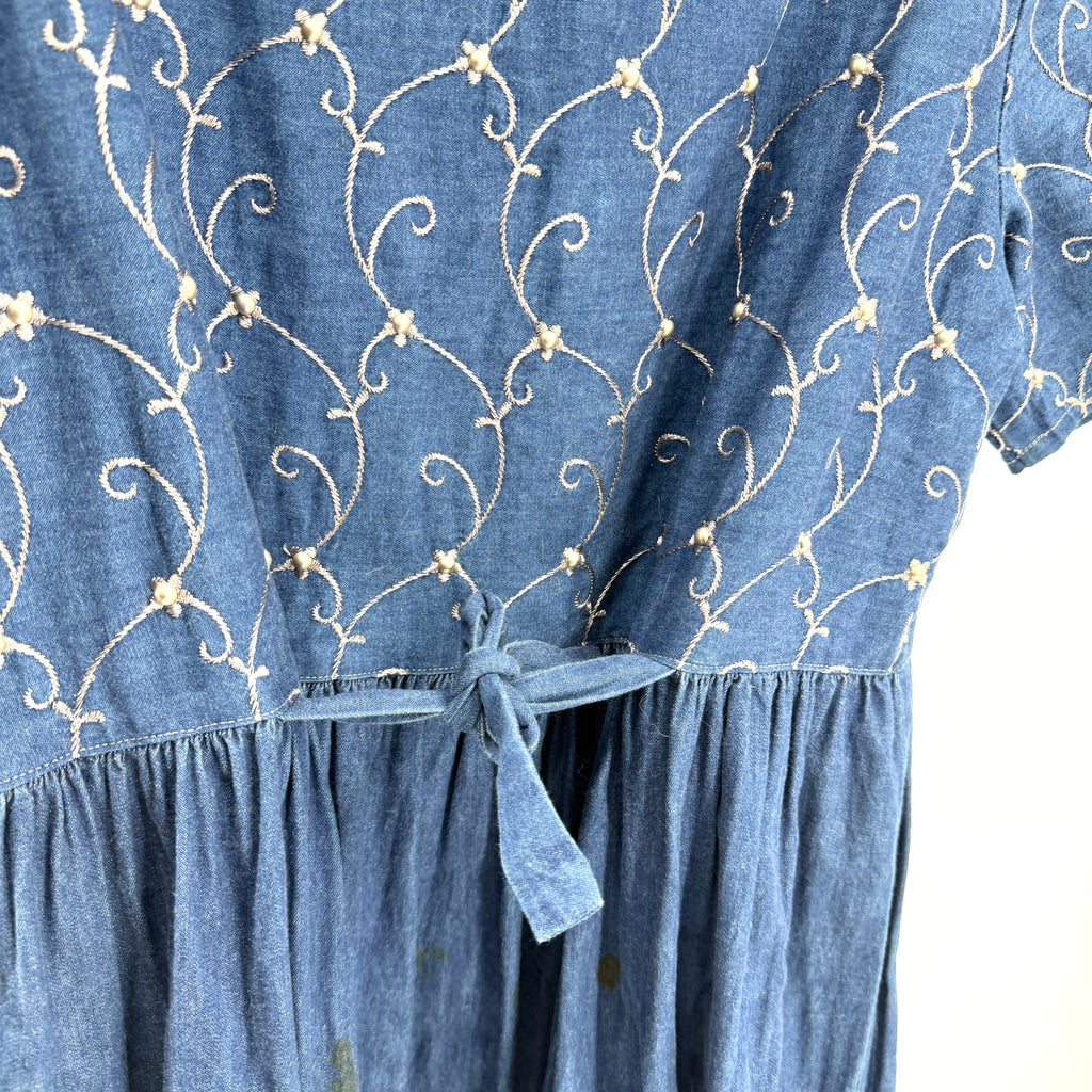 Vintage 90s Double D Ranch Blue 100% Cotton Denim Embroidered Peasant Maxi Dress