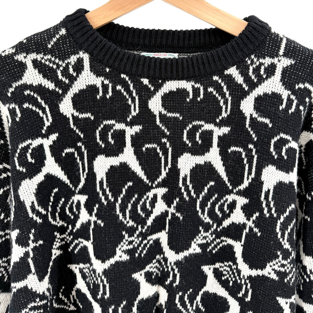 Vintage 80s Benetton Black White 100% Wool Reindeer Motif Crew Neck Sweater