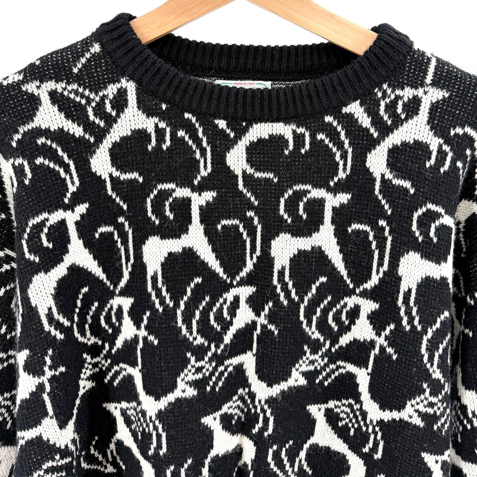 Vintage 80s Benetton Black White 100% Wool Reindeer Motif Crew Neck Sweater