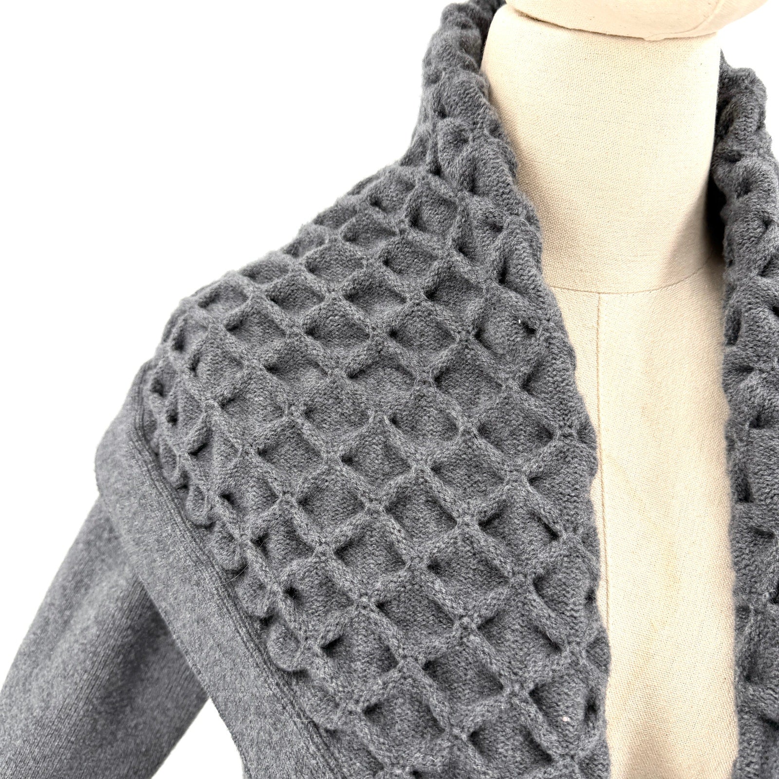 Aqua Gray Cashmere Wool Lattice Detail Shawl Collar Open Cardigan