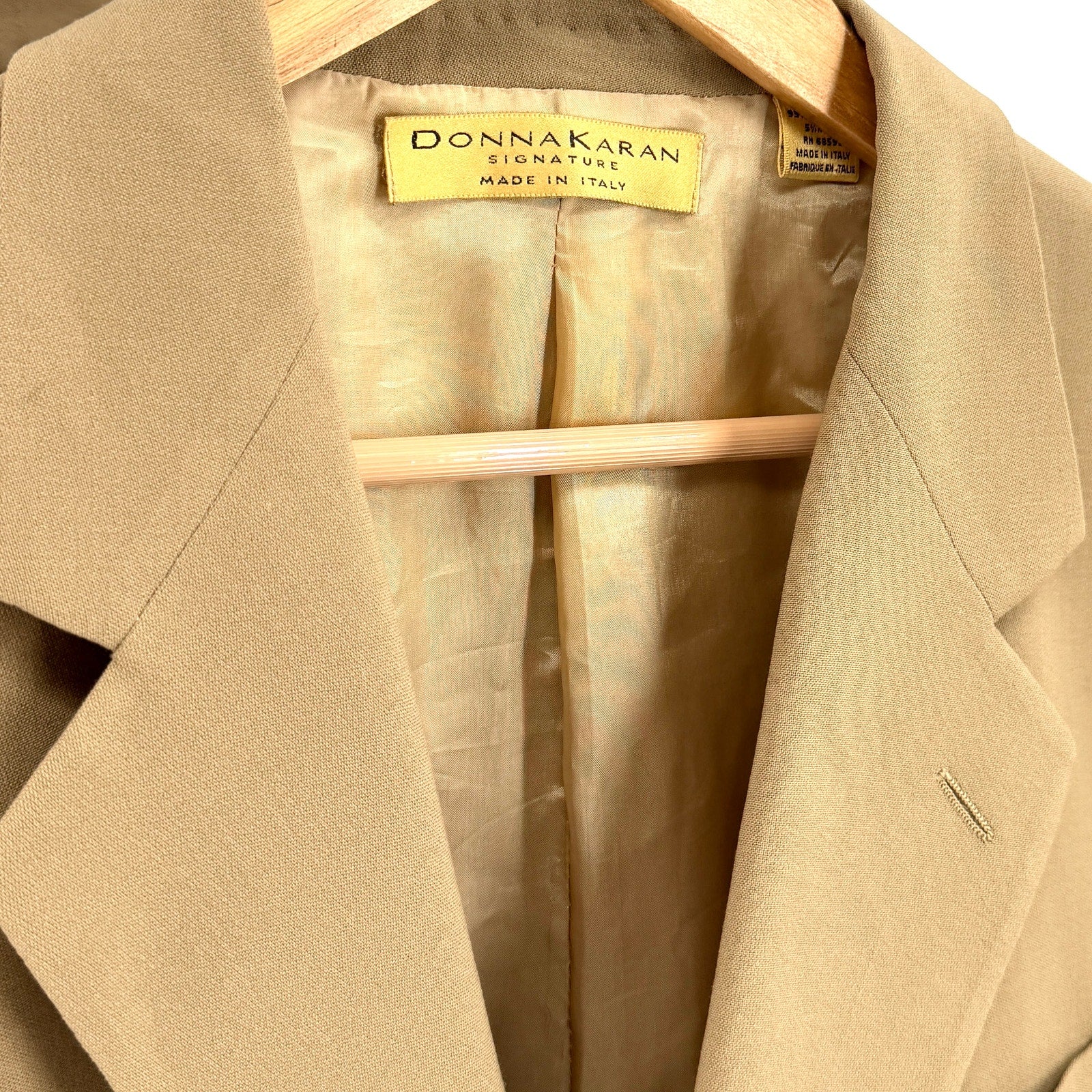 Vintage 90s Donna Karan Signature Tan Pleated JFK Jr Style 3 Button Suit