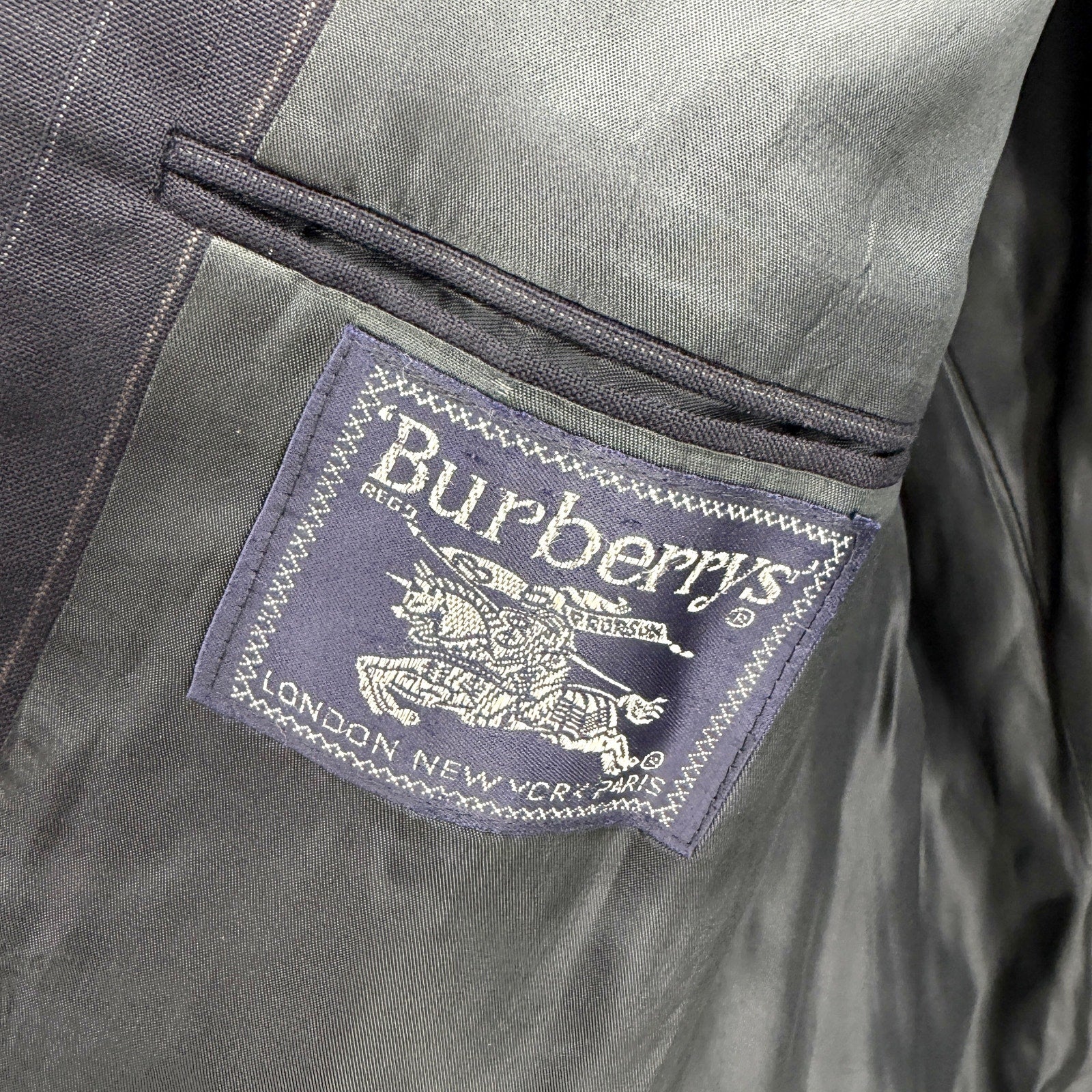 Vintage 90s Burberry Navy Blue 100% Wool Pinstripe Double Breasted Blazer
