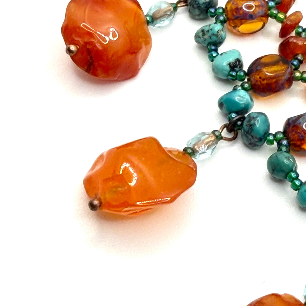 Vintage 90s Turquoise Carnelian Amber Boho Choker Fringe Statement Necklace