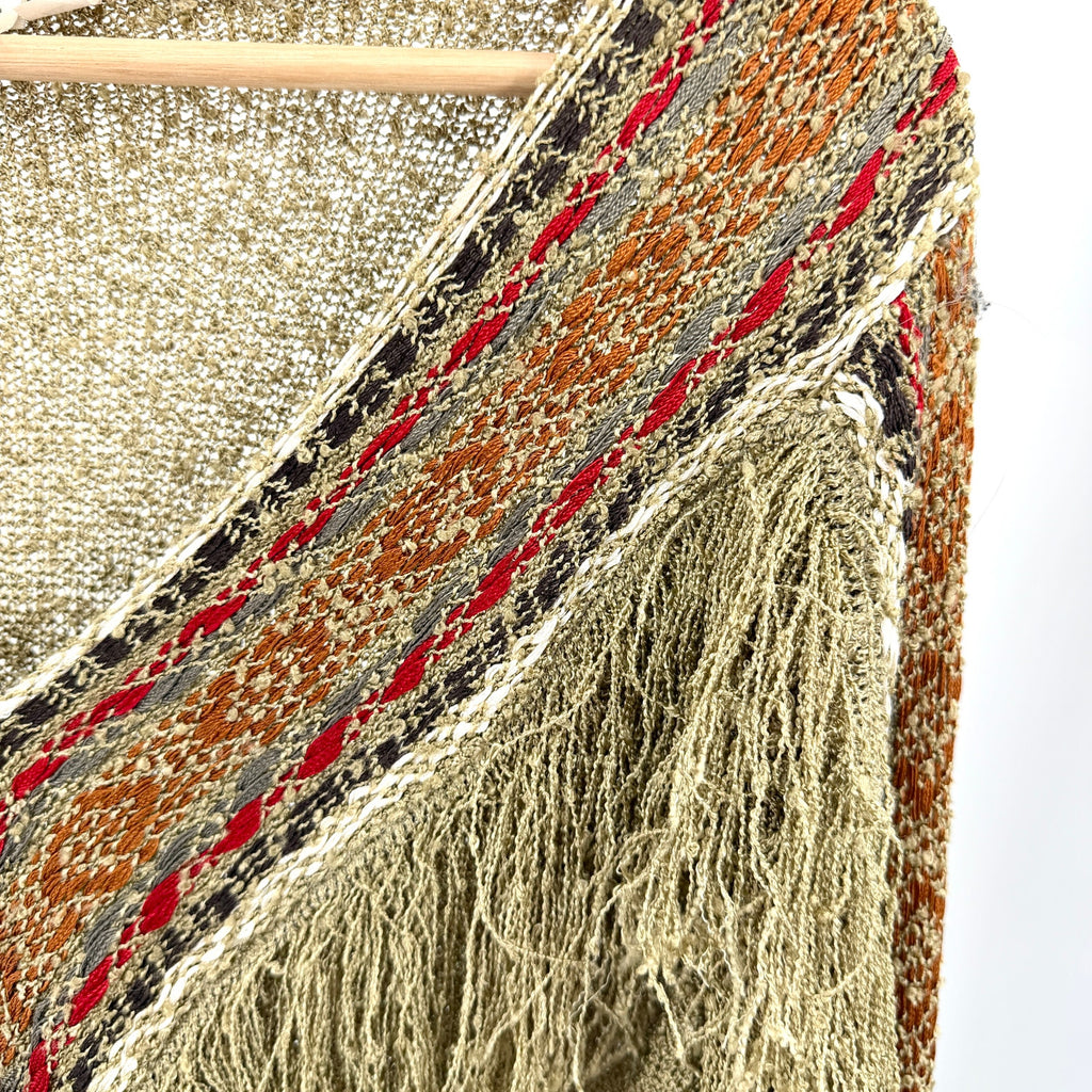 Vintage 80s French Rags Olive Fringe Trim Southwestern Sweater
