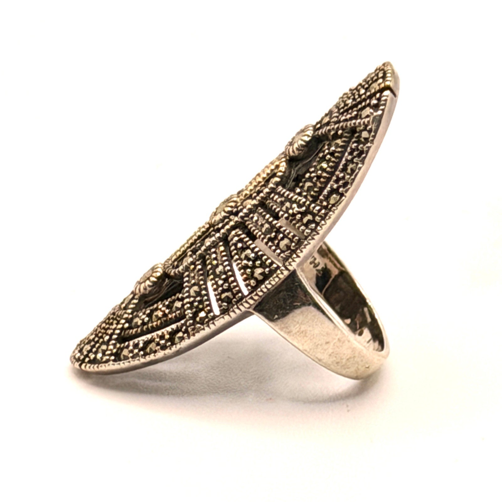 Vintage 90s NF Silver 14K Gold Marcasite Art Deco Elongated Shield Ring