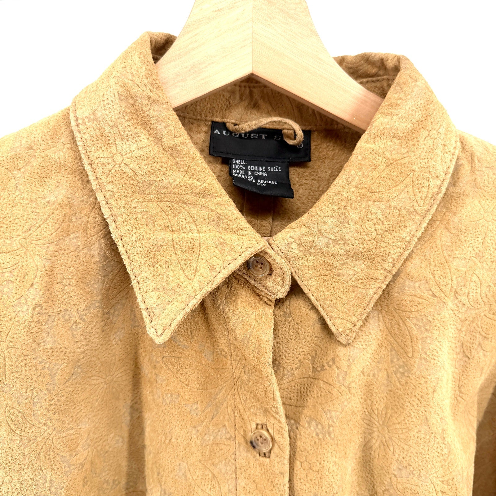 Vintage Y2K August Silk Tan Genuine Leather Suede Boho Floral Burnout Shacket