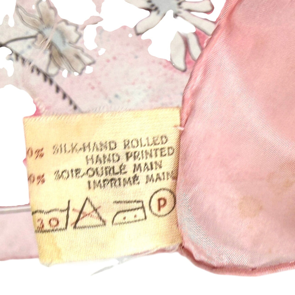 Vintage 80s Pink Floral 100% Silk Hand Rolled Scarf