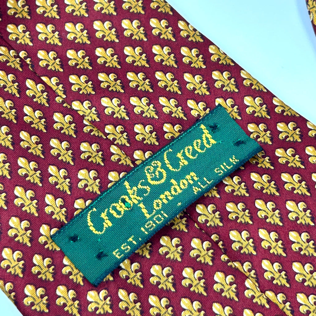Vintage 80s Crooks & Creed Red Gold 100% Silk Fleur De Lis Necktie