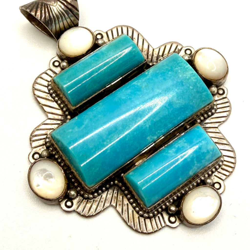 Vintage Y2K D. Troutman Sterling Turquoise Mother of Pearl Signed Pendant