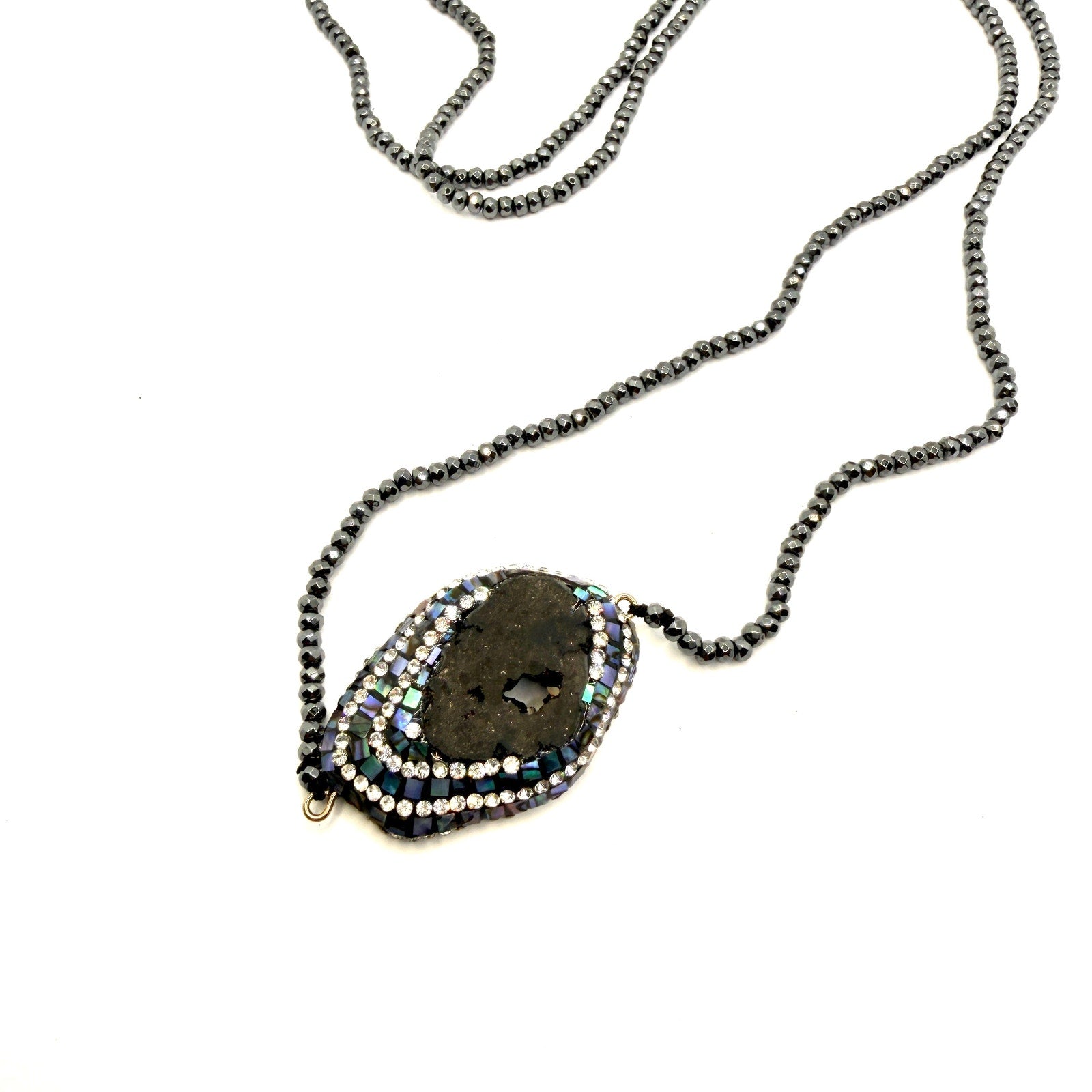 Black Onyx Druzy Abalone Gunmetal Boho Tassel Lariat Necklace