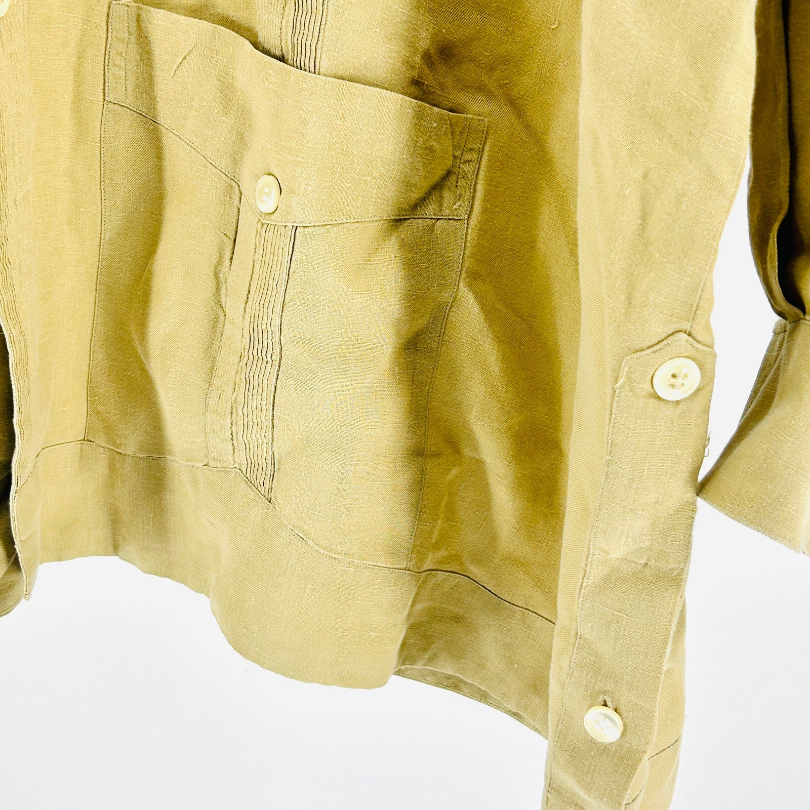 Vintage 70s Cafe Versailles Miami Tan Cotton Linen Long Sleeve Guayabera