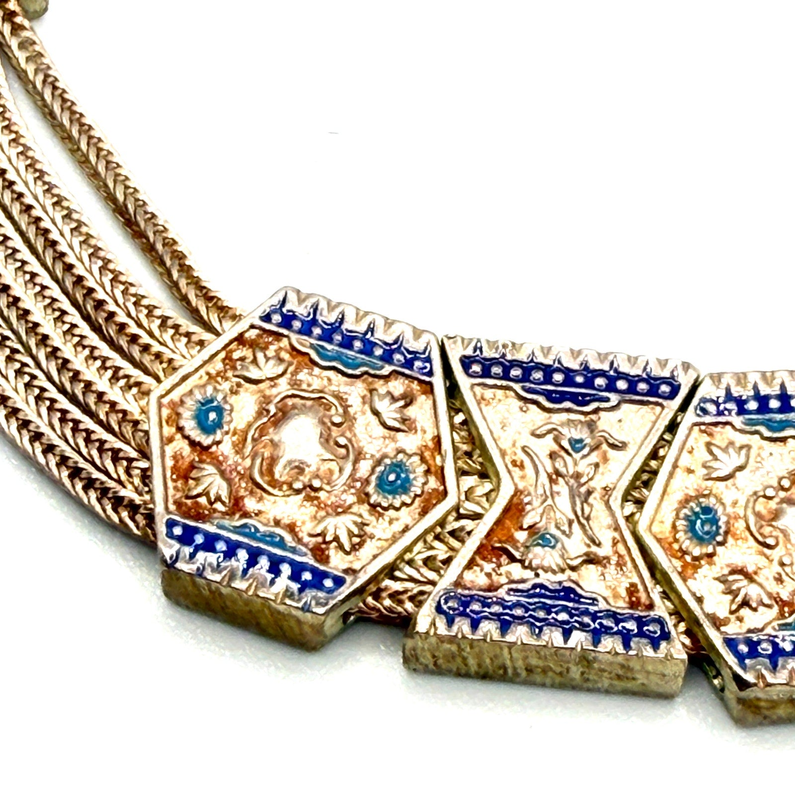 Vintage 60s Stamped Sterling Silver Turkish Trabzon Enamel Multi Strand Necklace